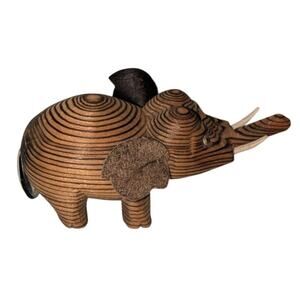 VTG 1960s MCM Japanese Cryptomeria Hand Carved Elephant Figure Leather Accents